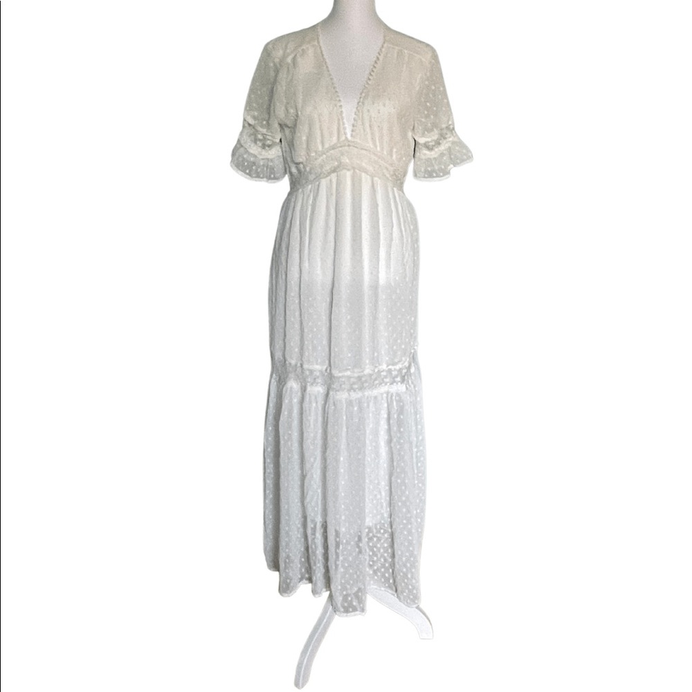 Swiss Dot Lace Trim Maxi Dress, M, White